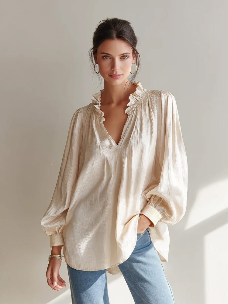 Loose-fit ruffled V-neck puff-sleeve shirt
