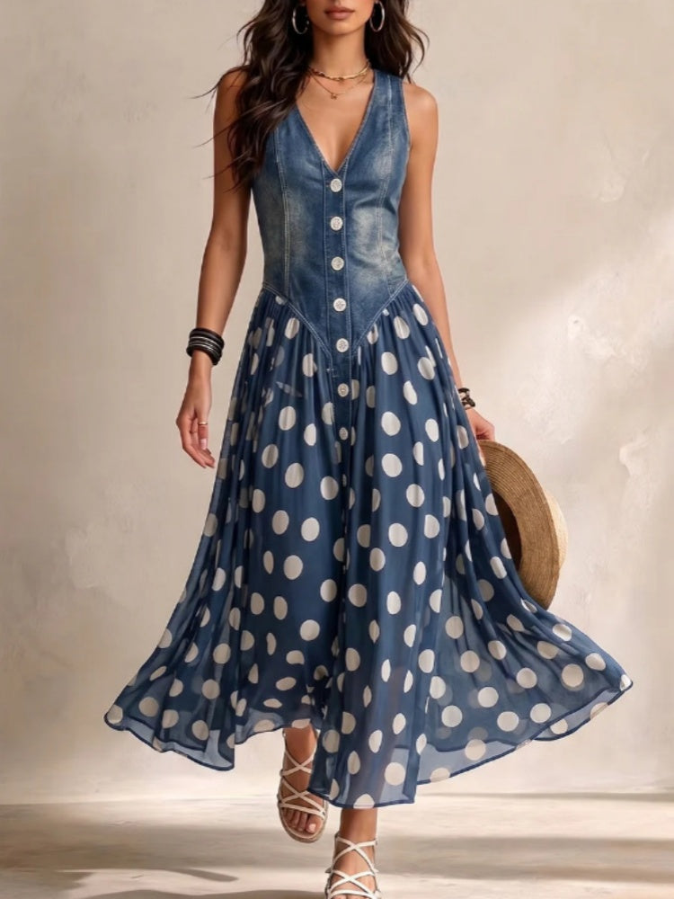 Casual Printed Denim-Look Polka Dot Dress