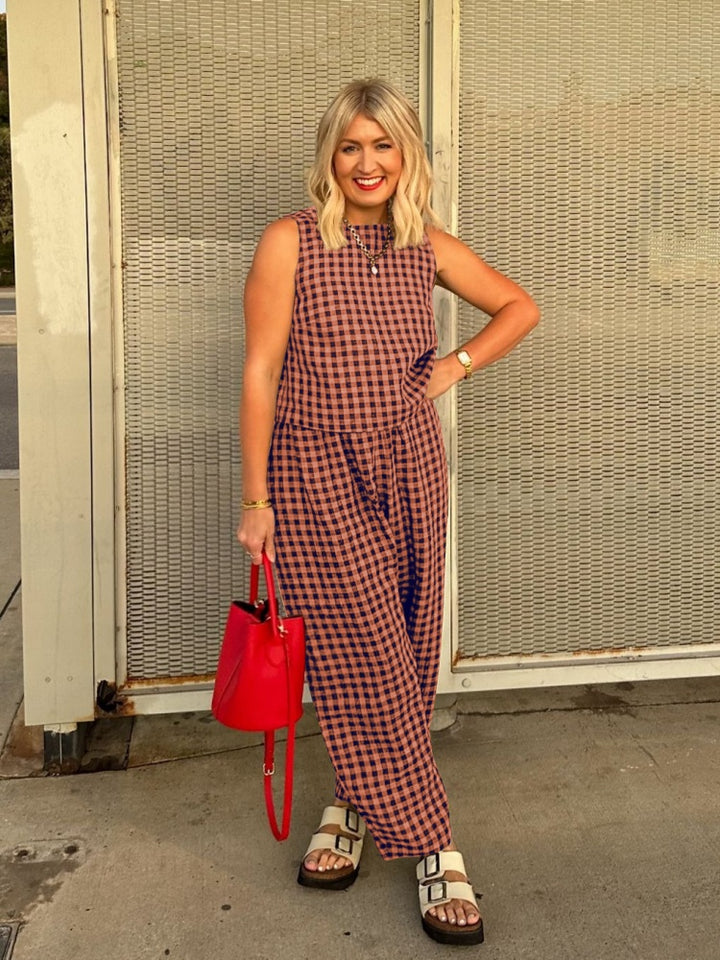 Gingham 2-Piece Sleeveless Top &amp; Wide Leg Pants Set