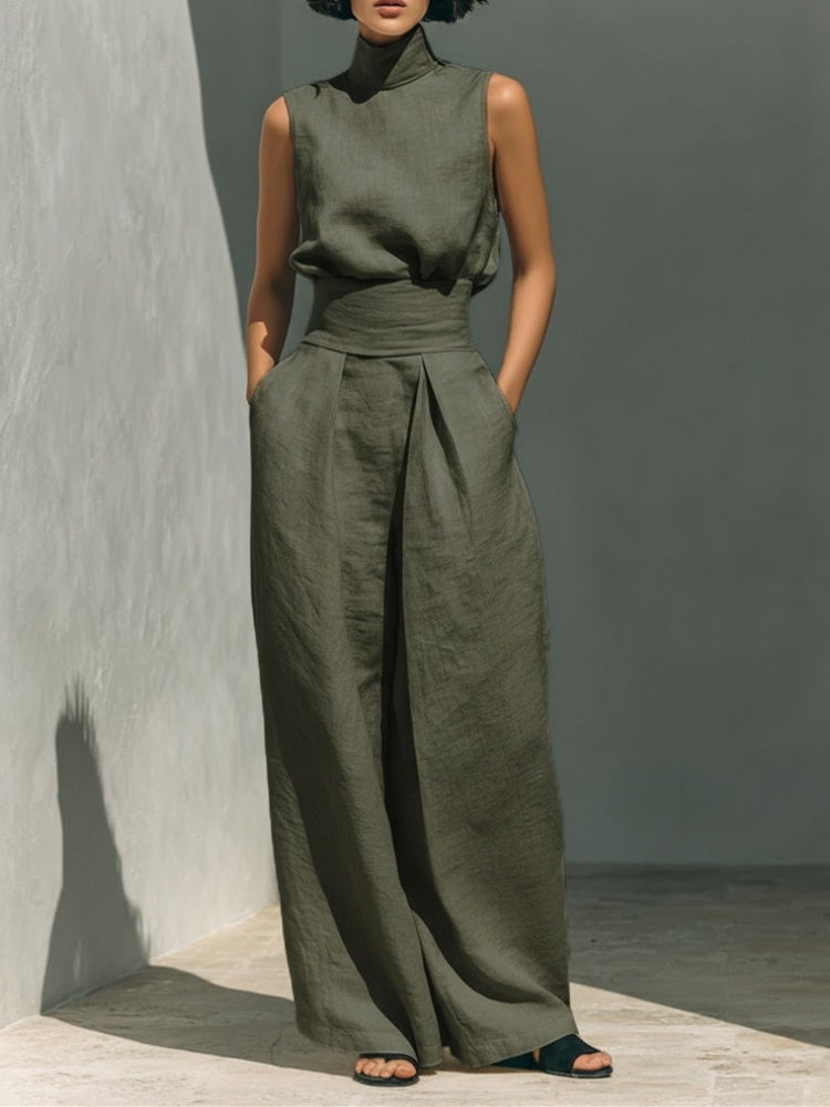 Solid color cotton linen sleeveless casual suit