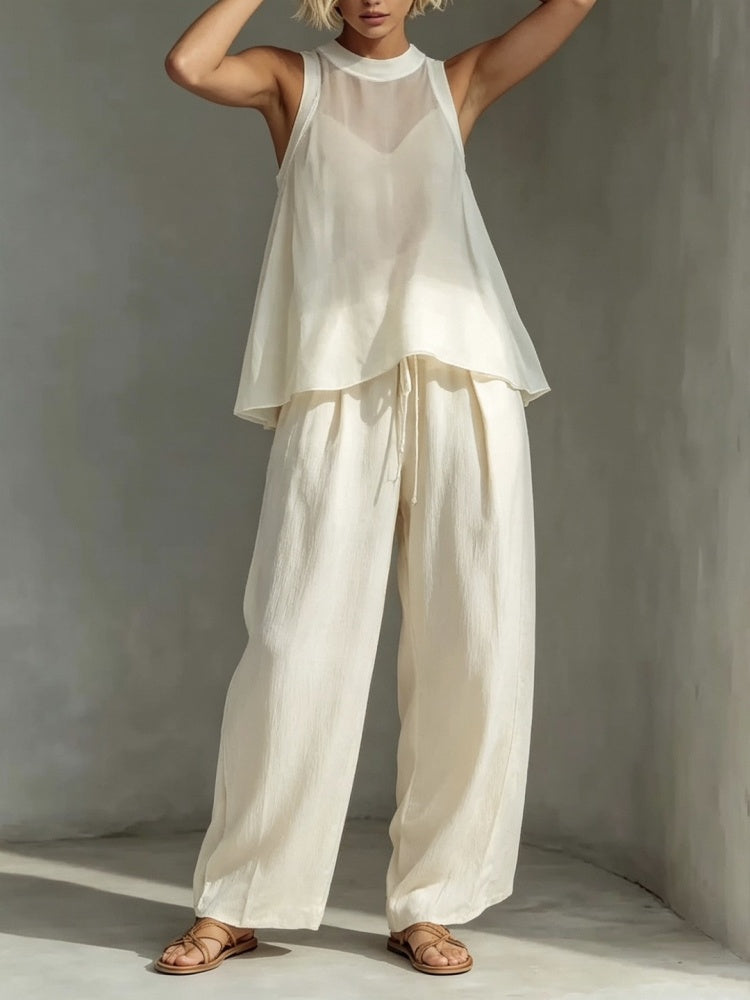 Linen Blend Sleeveless Halter Top &amp; Drawstring Wide Leg Pants Two-Piece Set