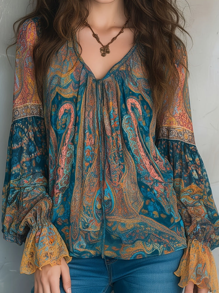 Boho Paisley Print Blouse - V-Neck Long Sleeve Flowy Top