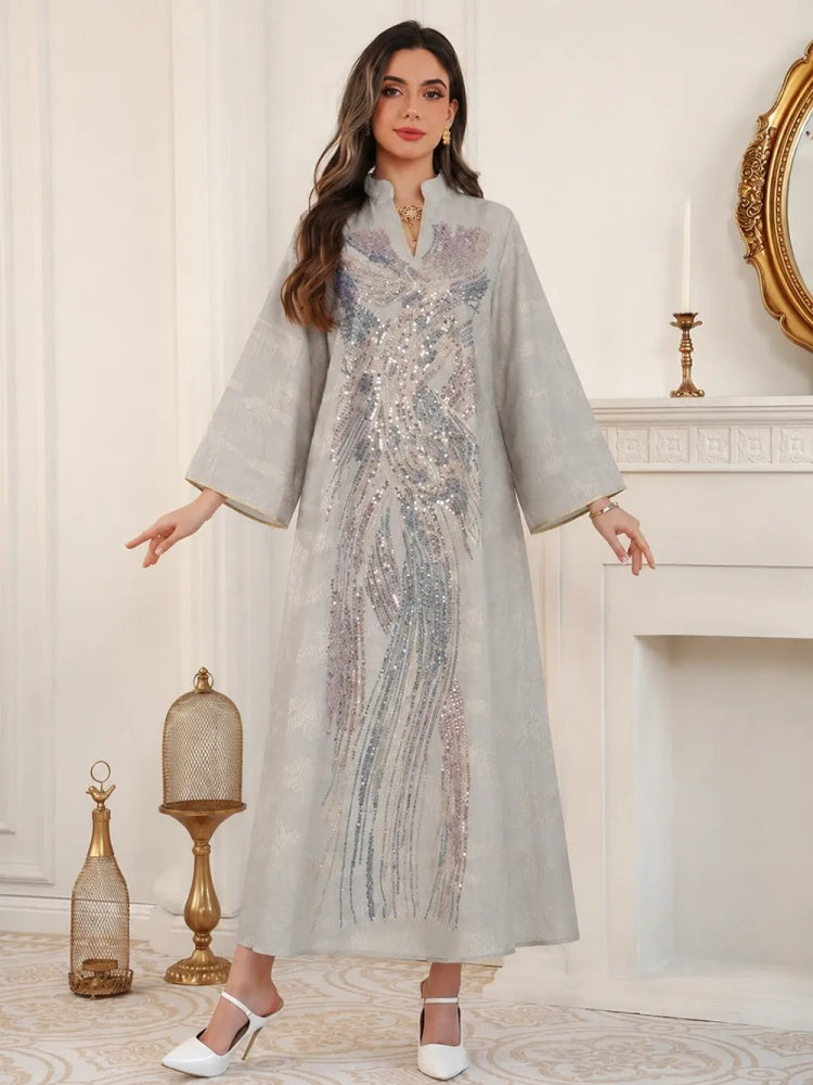 Sequin Embroidered Long Sleeve Abaya Dress