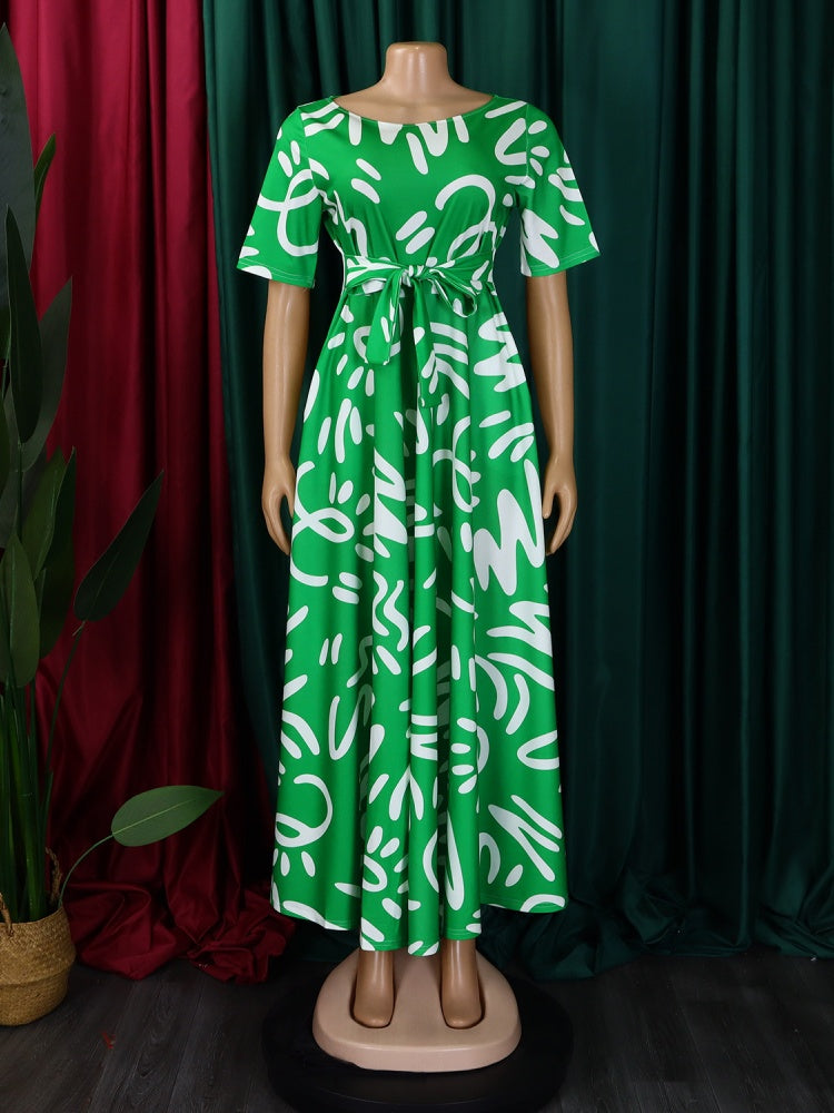 Graffiti Print Belted A-Line Maxi Dress