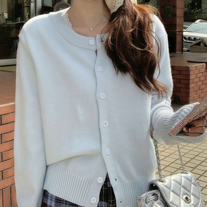 Solid Color Crew Neck Knit Cardigan