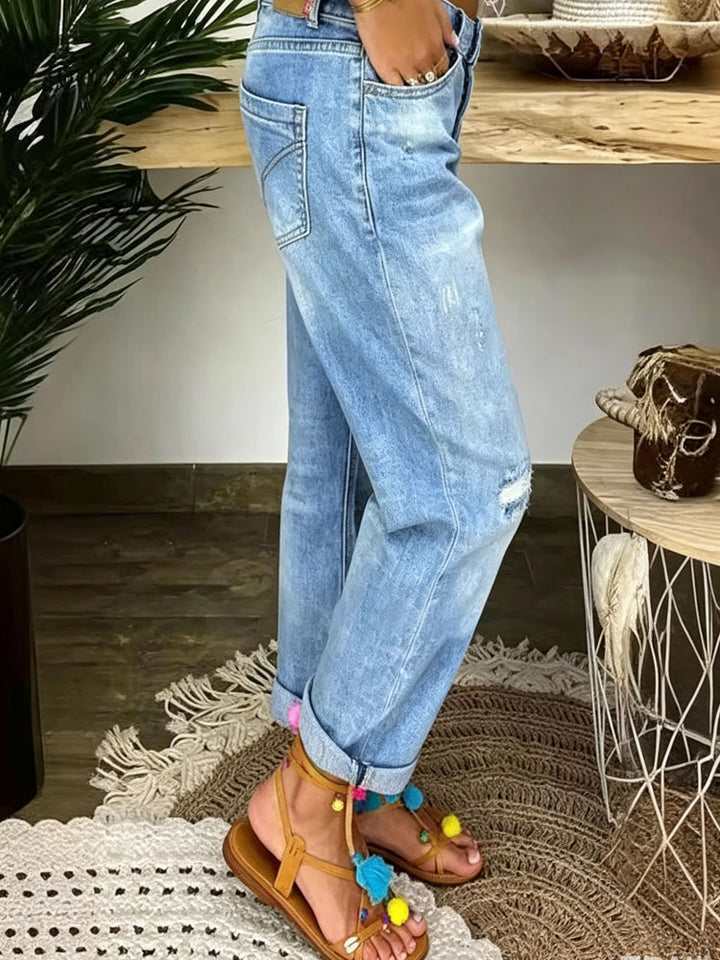 Blue Distressed Straight Leg Jeans