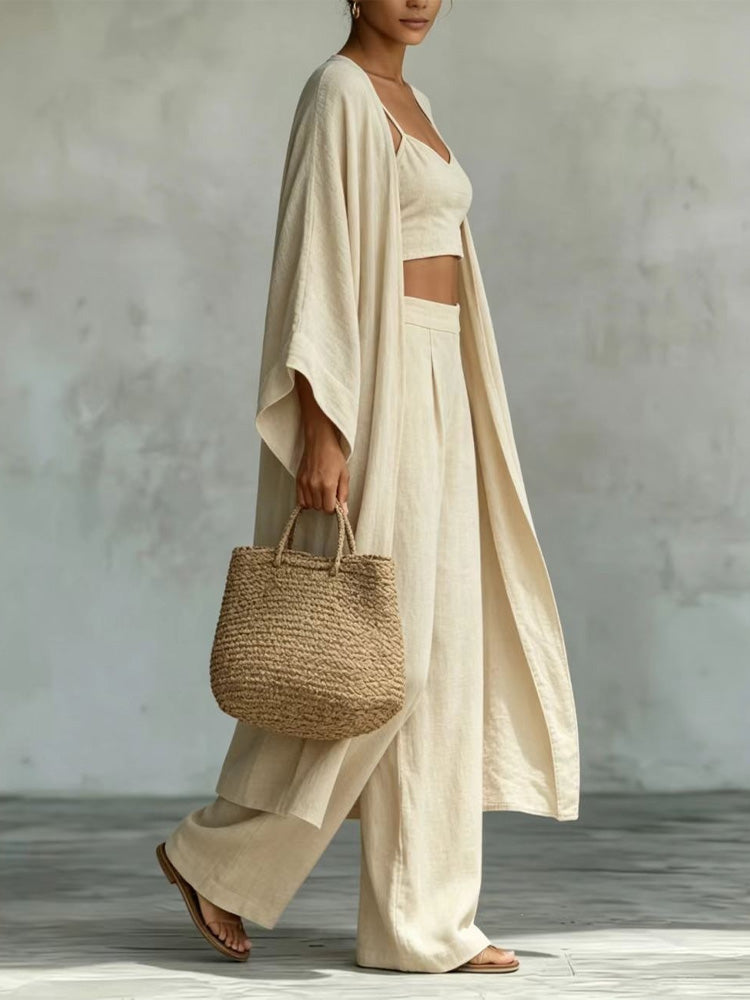 Loose cardigan, camisole, high-waisted wide-leg pants three-piece set