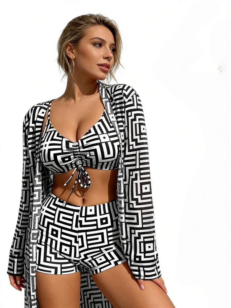 Geometric Print 3-Piece Swimsuit Set – Stylish High-Waist Swimwear with Cover-Up