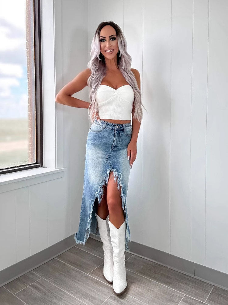 High Waist Raw Hem Denim Skirt