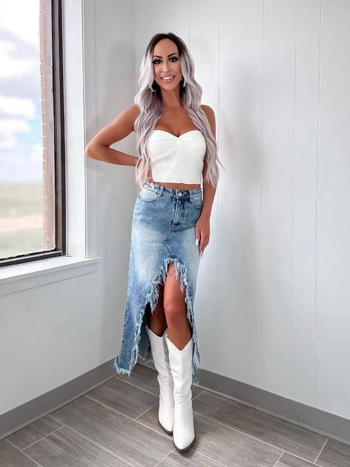 High Waist Raw Hem Denim Skirt