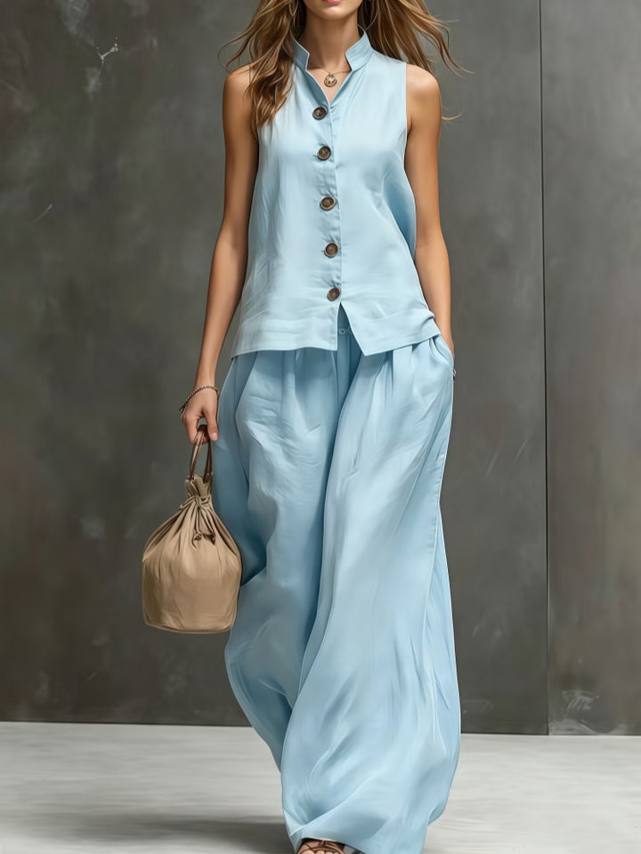 Sleeveless vest, wide-leg pants, cotton and linen two-piece set