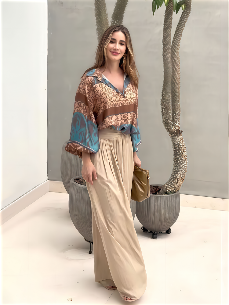 Abstract Print Blouse &amp; Pleated Wide Leg Pants Set