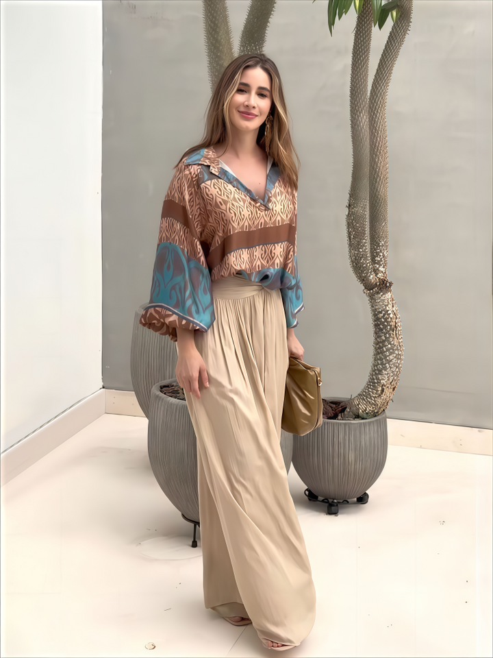 Abstract Print Blouse &amp; Pleated Wide Leg Pants Set