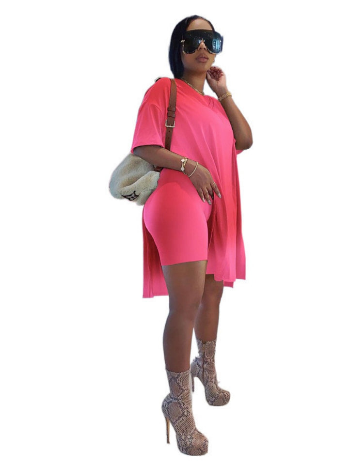 Side-slit long top and shorts two-piece set
