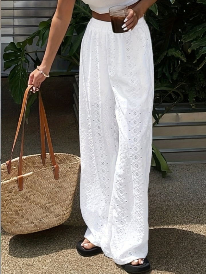 High Waisted Eyelet Lace Wide Leg Pants