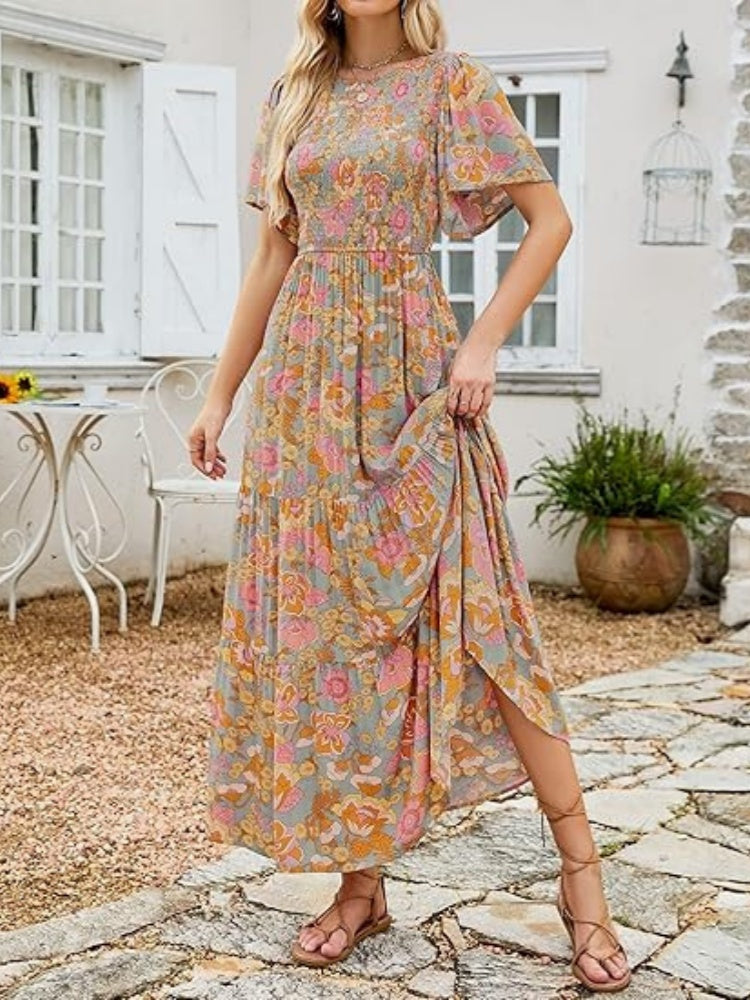 Floral Print Flutter Sleeve Tiered Maxi Dress
