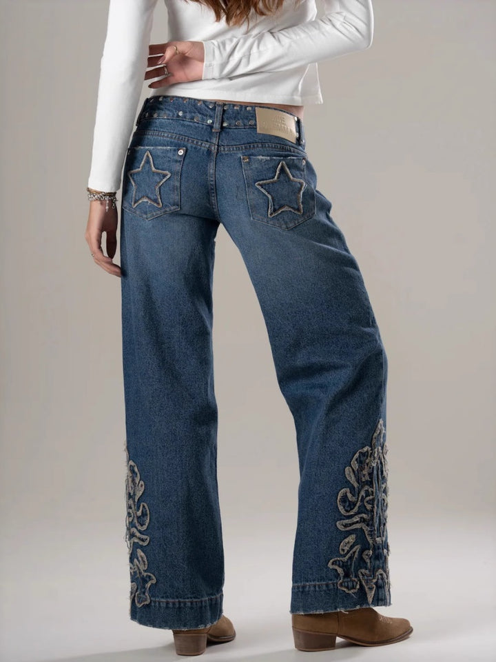 Rivet &amp; Patchwork High Waisted Wide Leg Jeans