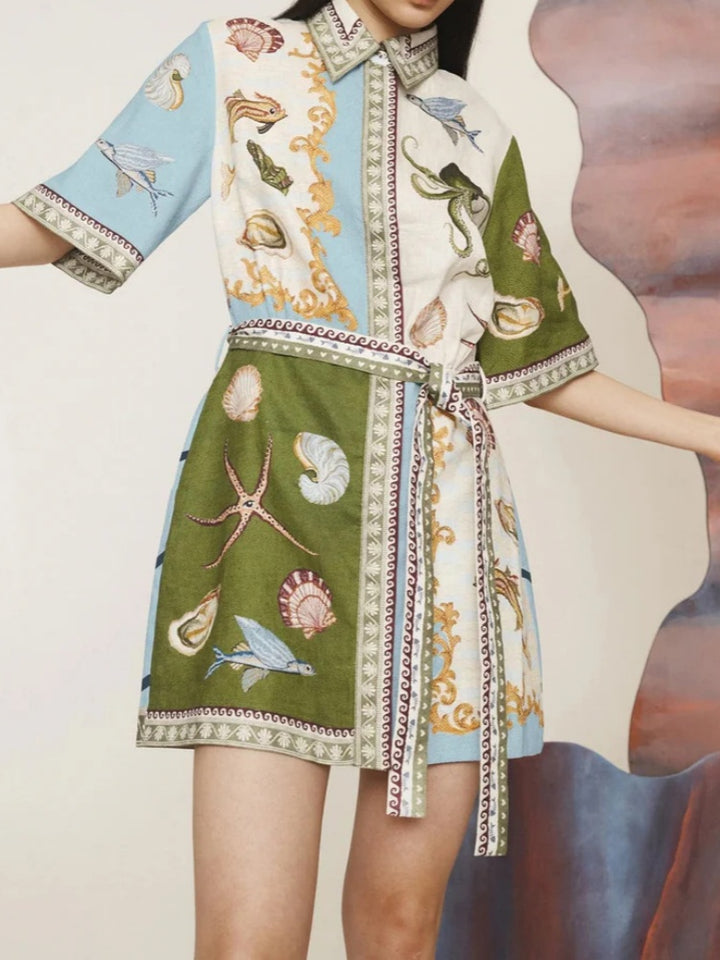 Vintage Marine Print Cotton Linen Shirt Dress - Tie Waist Nautical Mini Dress