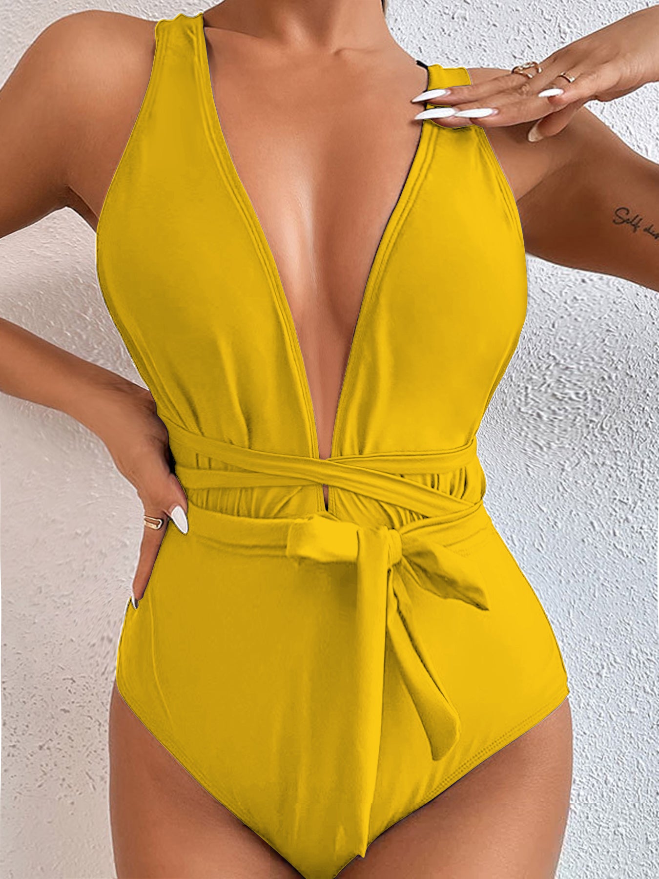 Elegant Deep V One-Piece Swimsuit with Waist Tie – Multiple Colors