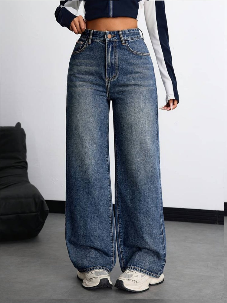 High Waist Vintage Wash Wide Leg Straight Jeans