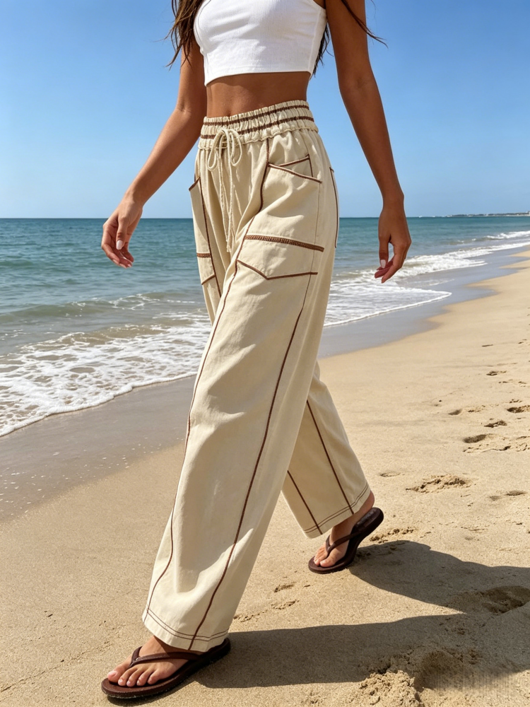 Elastic Waist Contrast Stitch Wide Leg Pants