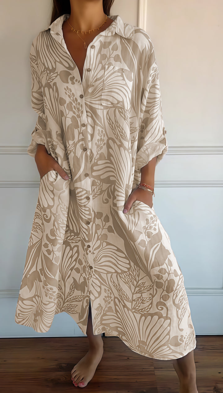 Women Tropical Leaf Print Button Down Shirt Dress