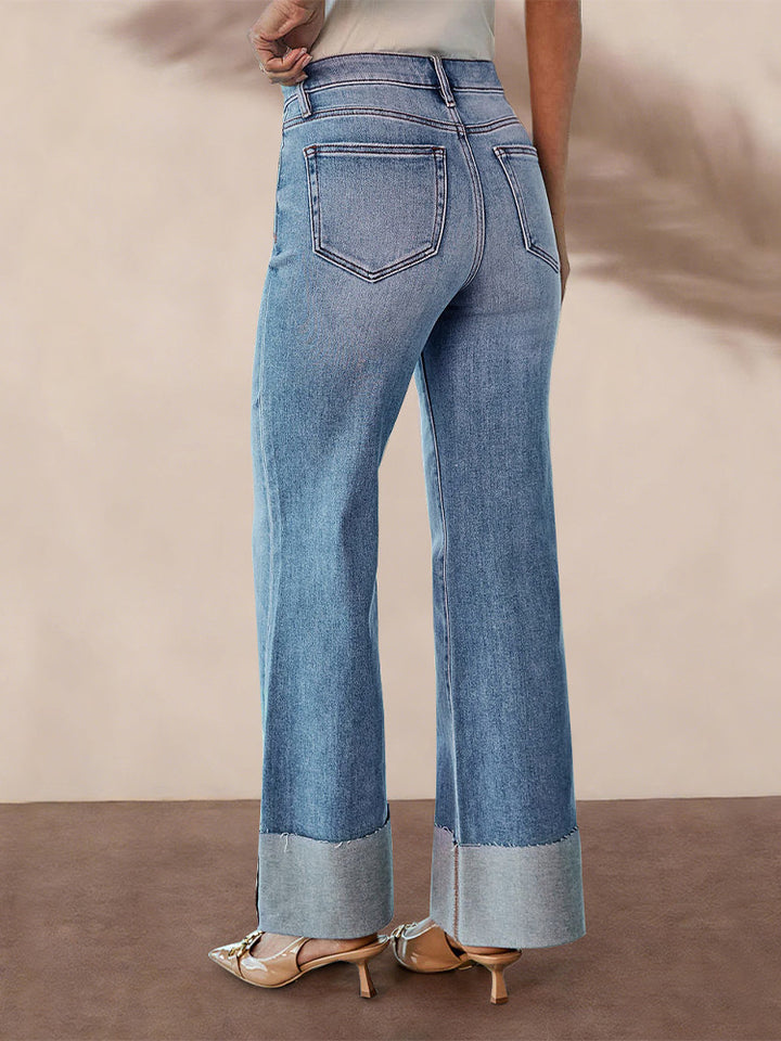 Washed high-waisted rolled-up ripped patchwork straight leg jeans