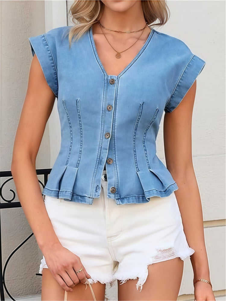 V-Neck Peplum Denim Vest - Sleeveless Button-Down Fitted Top