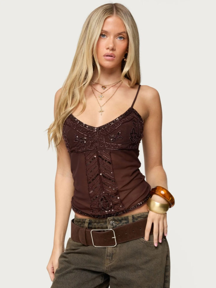 Beaded Mesh Cami Top - Sequin Embroidered Slim-Fit Y2K Camisole