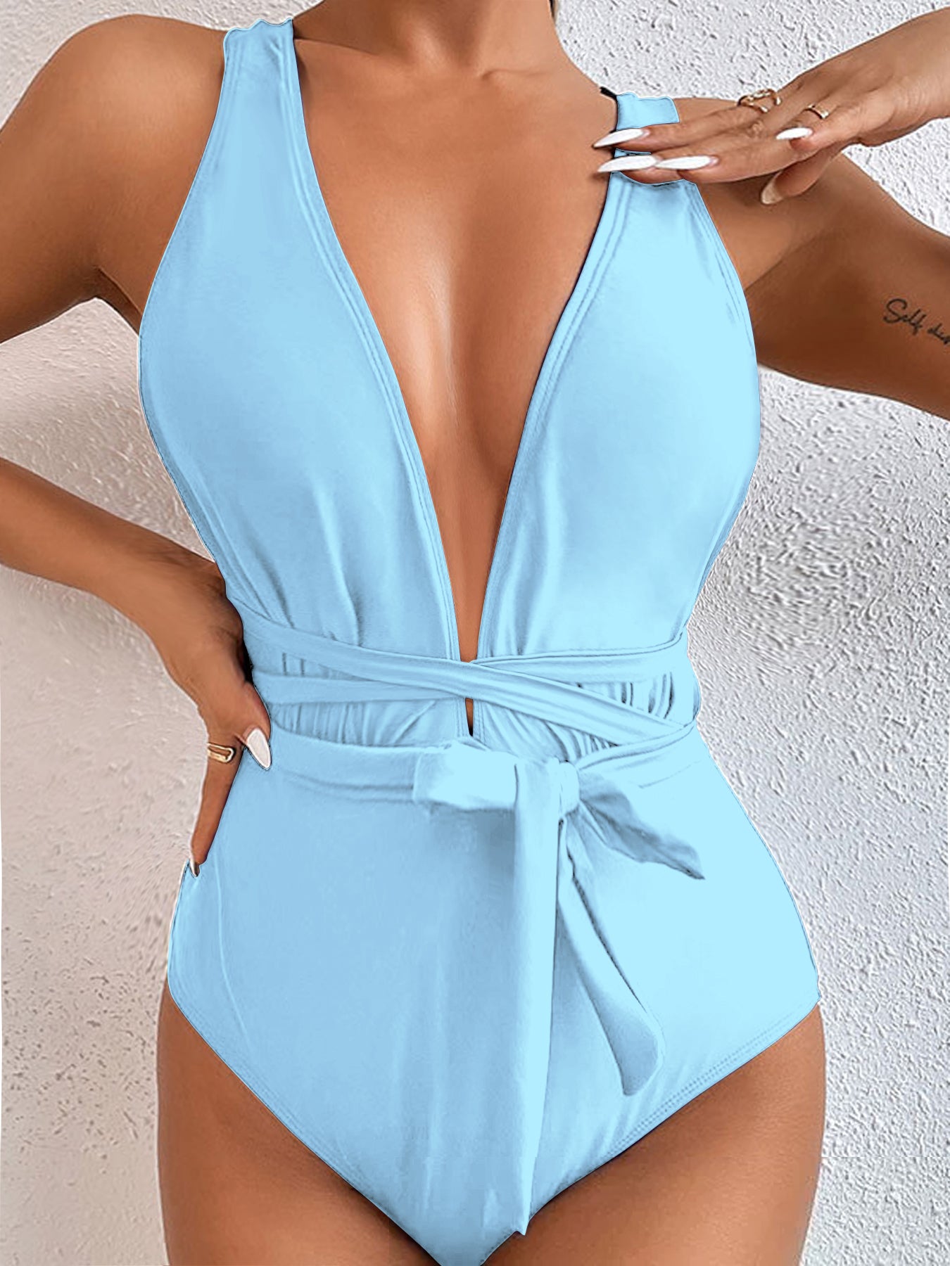 Elegant Deep V One-Piece Swimsuit with Waist Tie – Multiple Colors