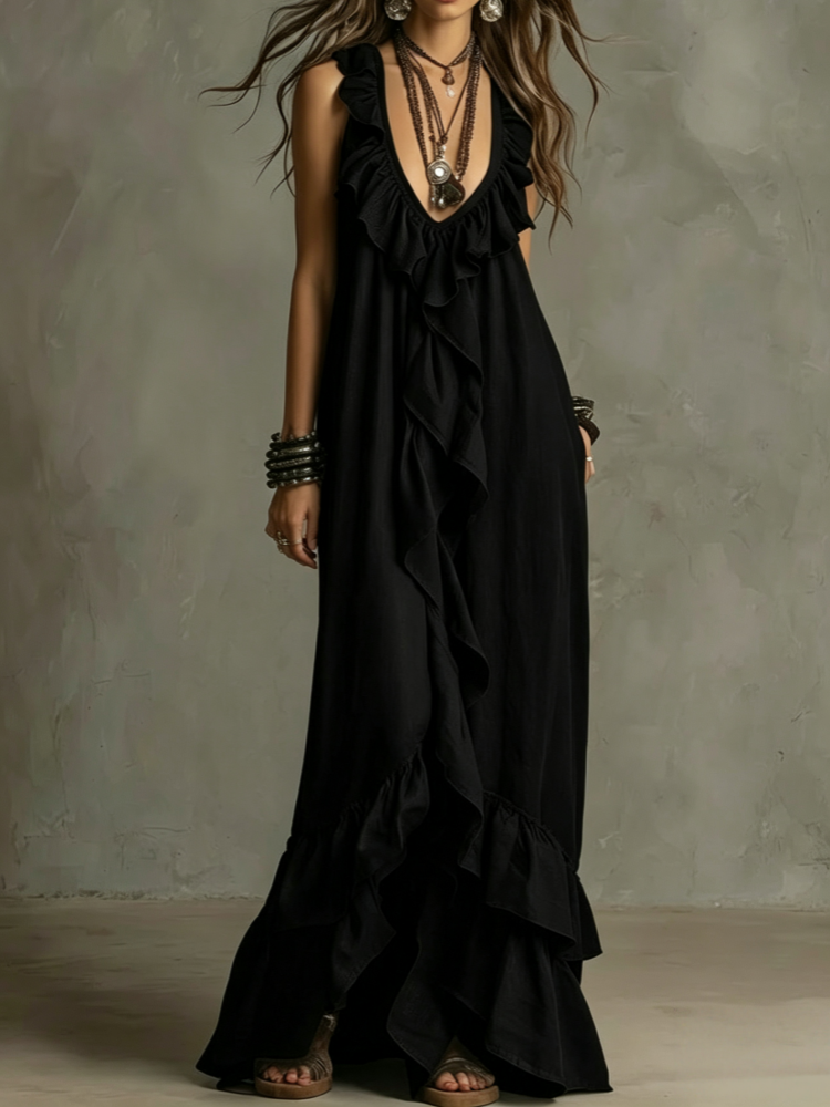 Boho Ruffled V-Neck Maxi Dress