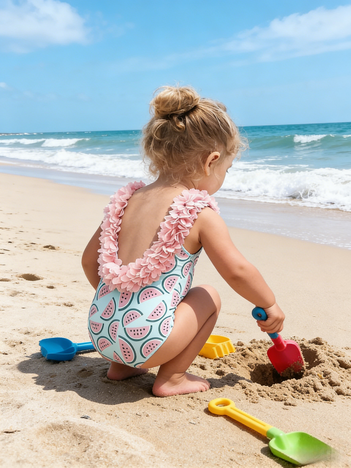 Baby Girls Cute One-Piece Swimsuit – Watermelon Print with 3D Ruffle Straps
