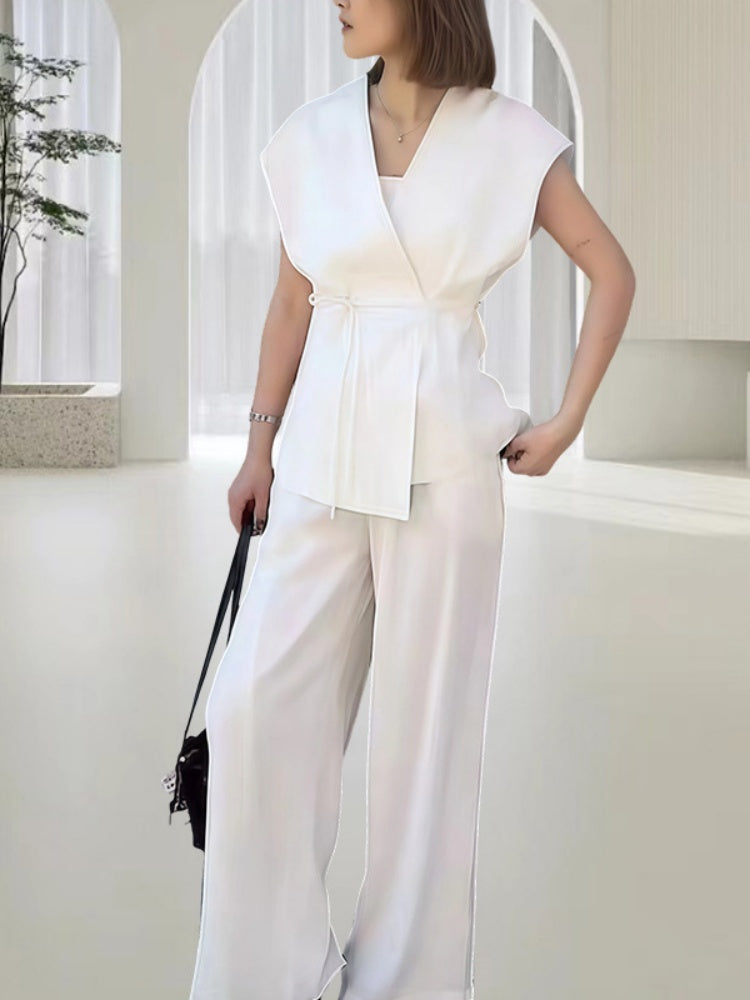 V-Neck Short Sleeve Wrap Tie Waist Top &amp; Wide Leg Pants Set