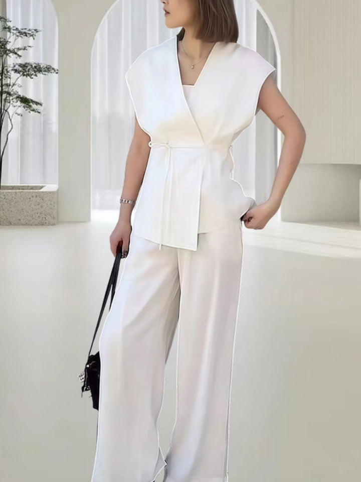 V-Neck Short Sleeve Wrap Tie Waist Top &amp; Wide Leg Pants Set