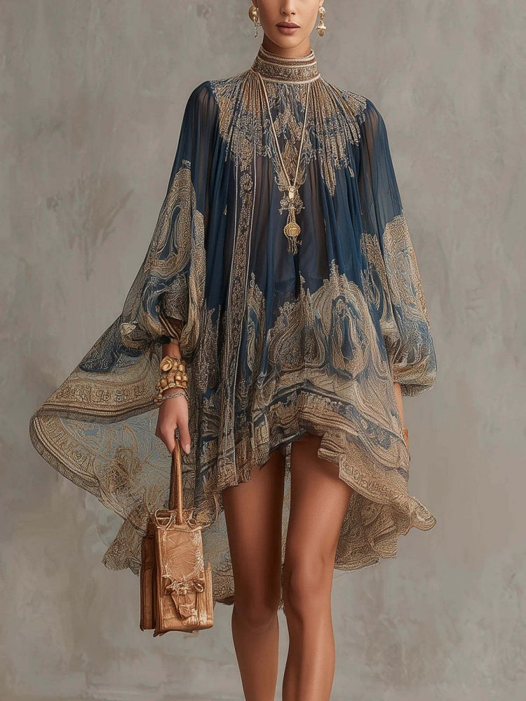 Boho Printed Chiffon High Low Mini Dress