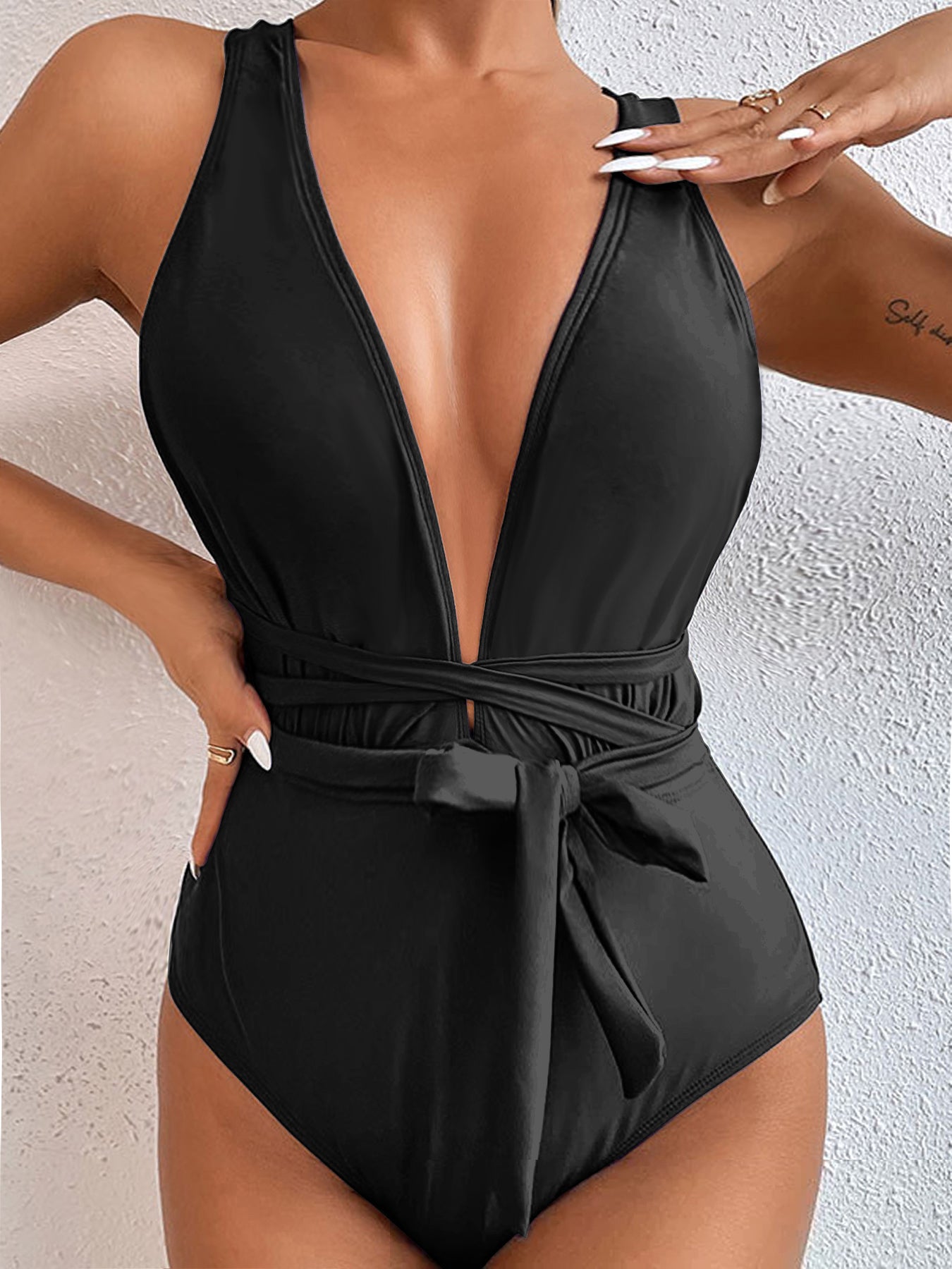Elegant Deep V One-Piece Swimsuit with Waist Tie – Multiple Colors
