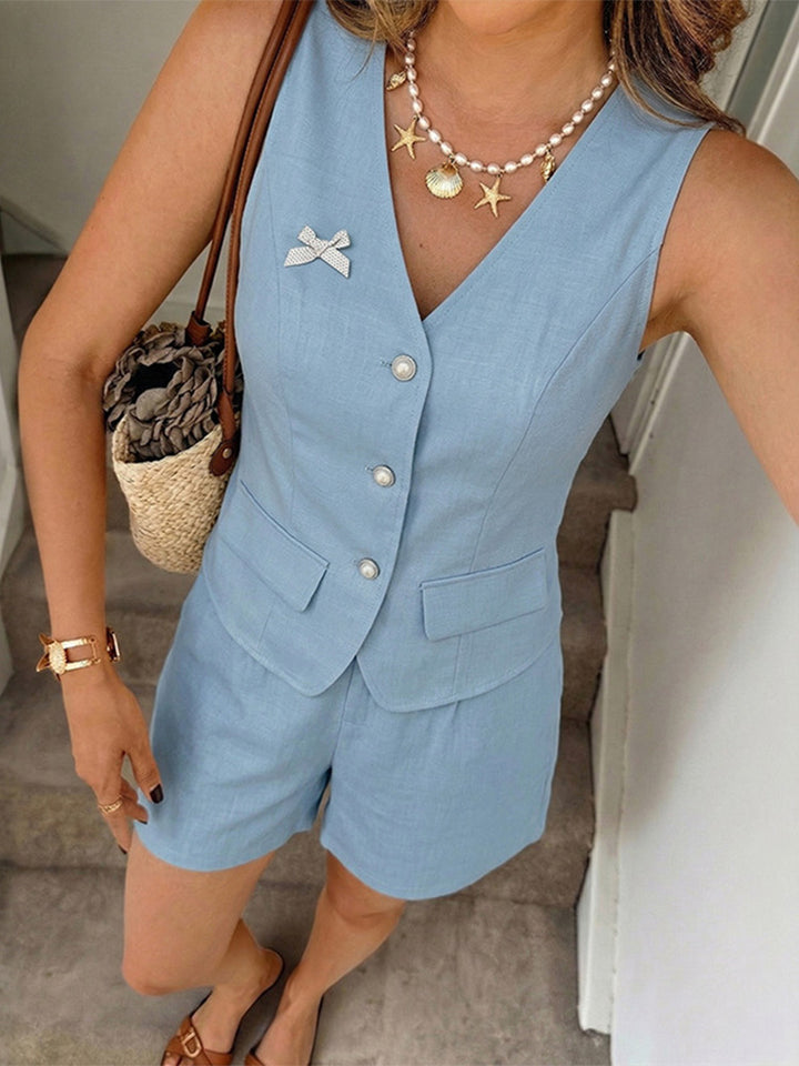 Blue faux linen V-neck vest and shorts set
