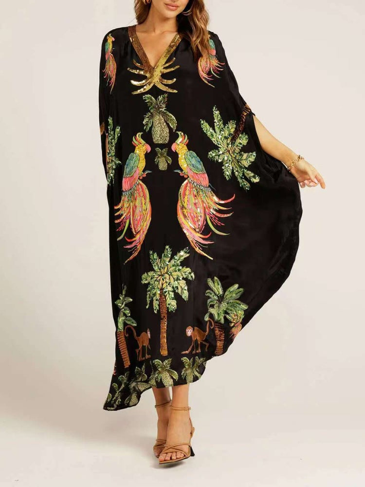Sequin Tropical Print Kaftan Maxi Dress
