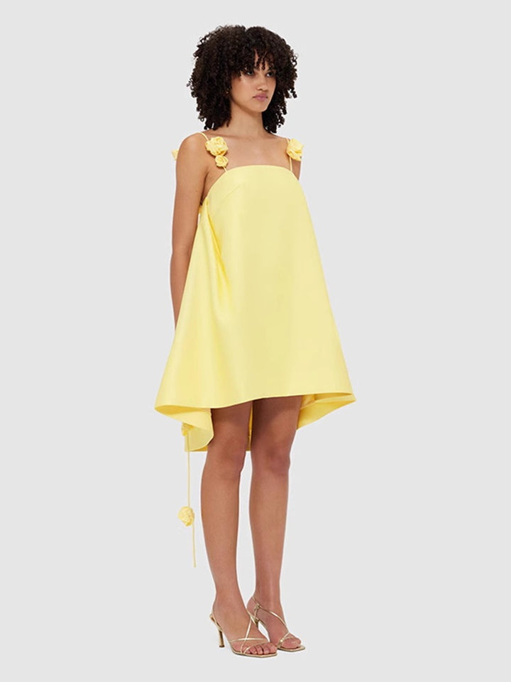 Yellow 3D Flower Appliqué Spaghetti Strap Mini Dress
