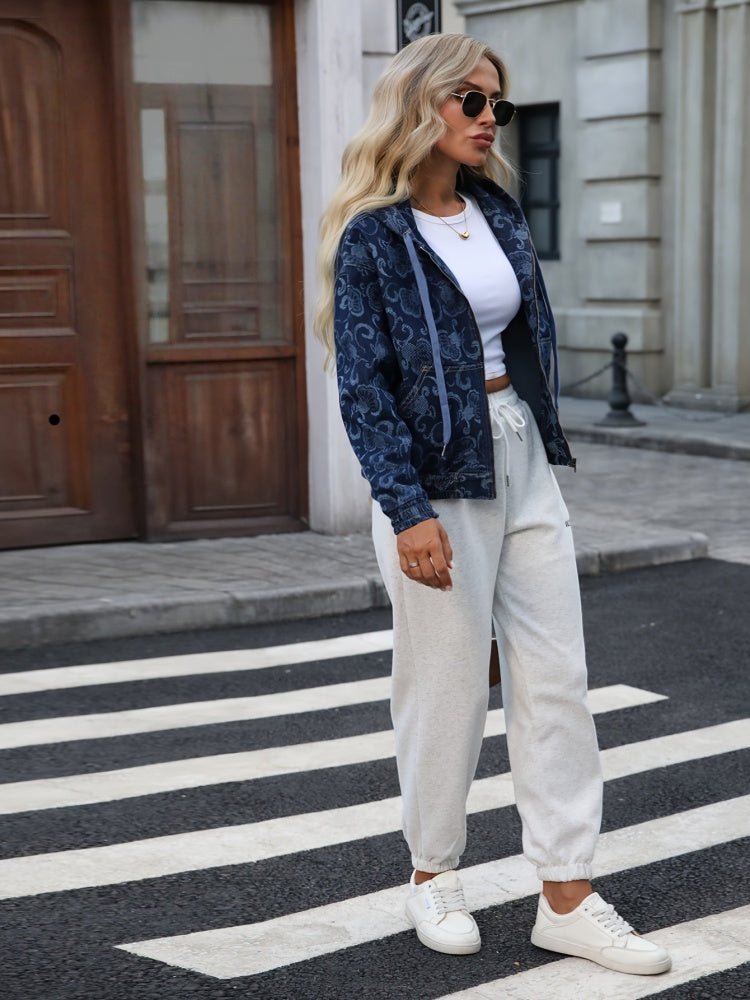 All Over Floral Jacquard Hooded Denim Zip Jacket