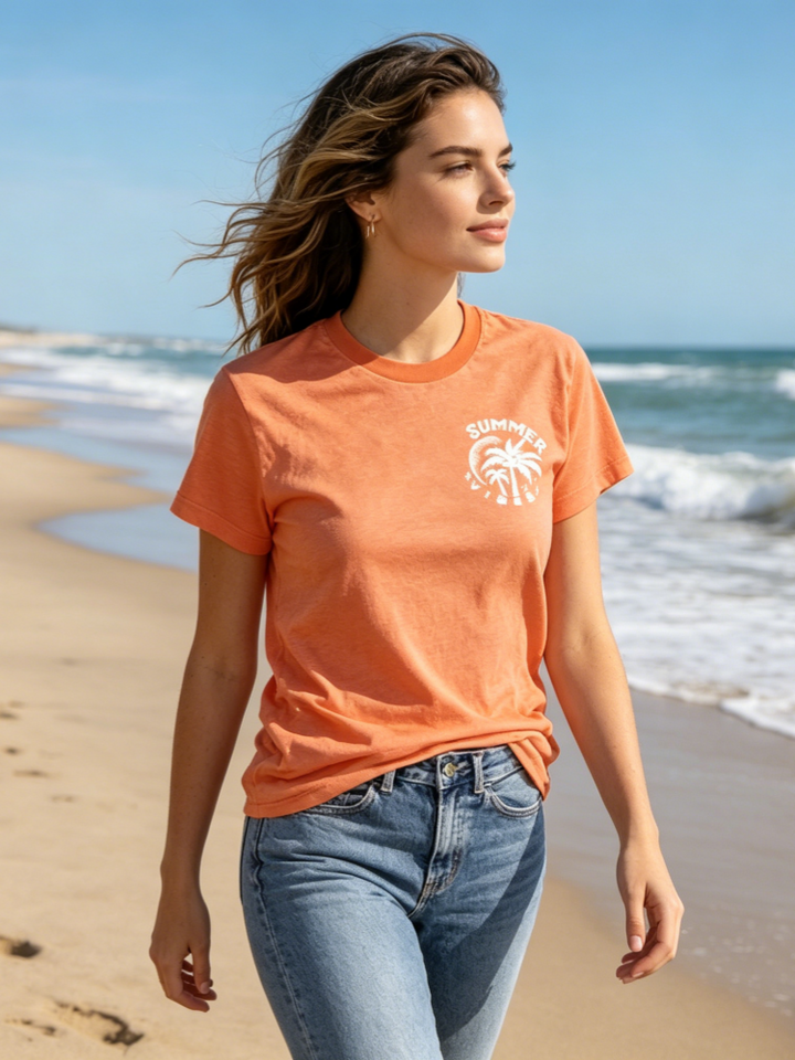 Summer Vibes Sun &amp; Palm Print V-Neck T-Shirt