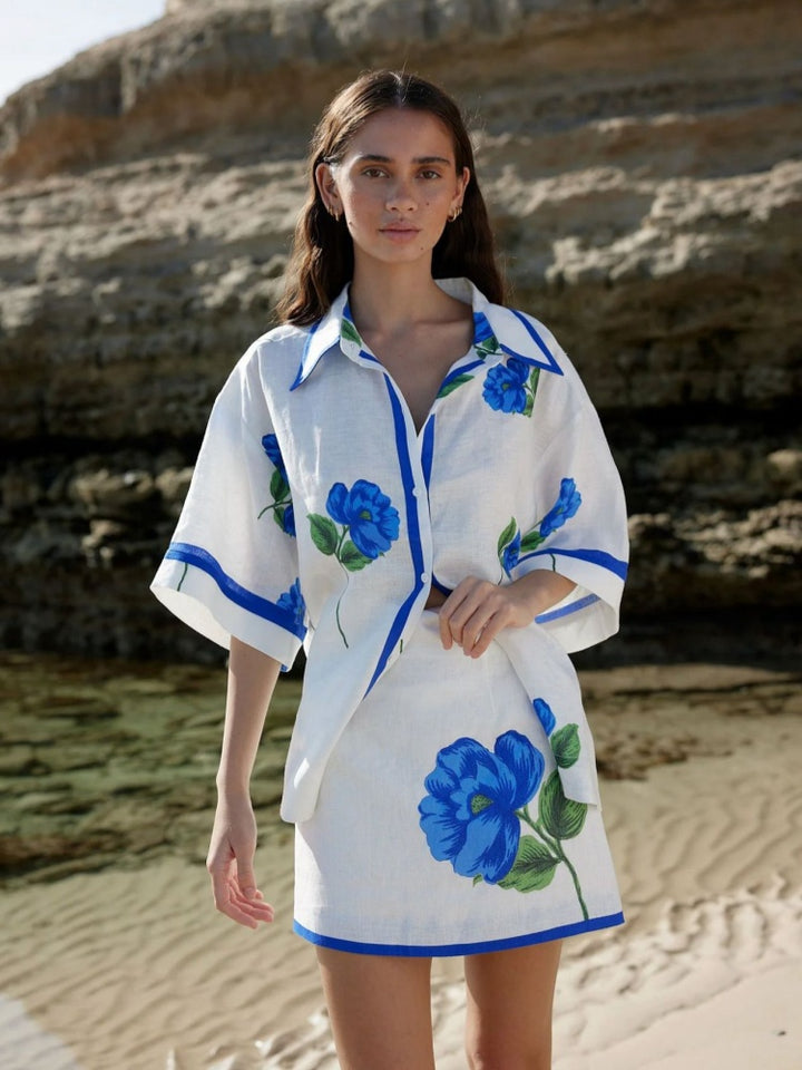 Blue Floral Print Linen Blend Two-Piece Set - Oversized Shirt &amp; Mini Skirt Co-ord