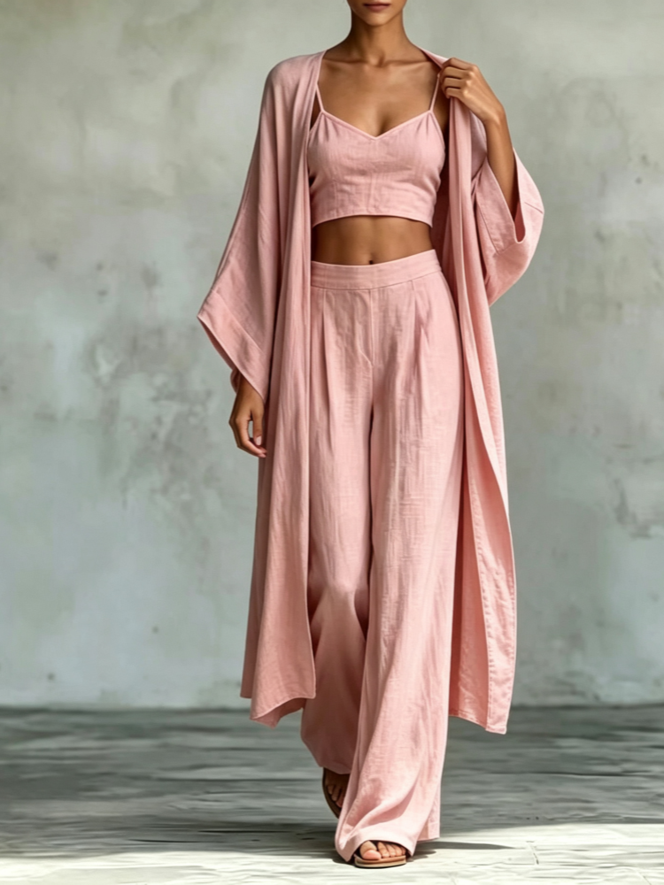 Loose cardigan, camisole, high-waisted wide-leg pants three-piece set
