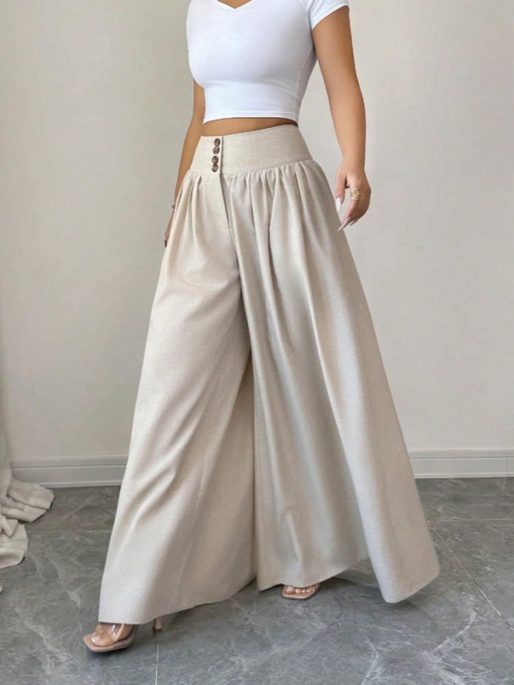 High Waist Button Front Pleated Wide Leg Palazzo Pants
