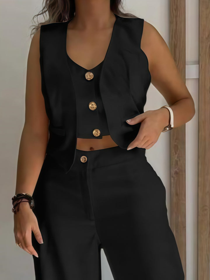 Sleeveless Button Vest &amp; Wide Leg Pants Set