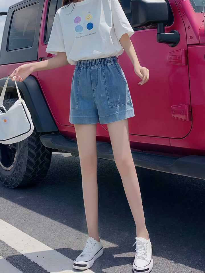Elastic Waist Wide-Leg Denim Shorts - High-Waisted Casual Summer Shorts