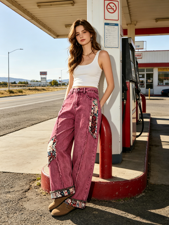 Bohemian Patchwork Barrel Jeans