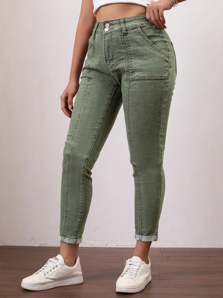 High Waist Army Green Seamed Skinny Cropped Jeans