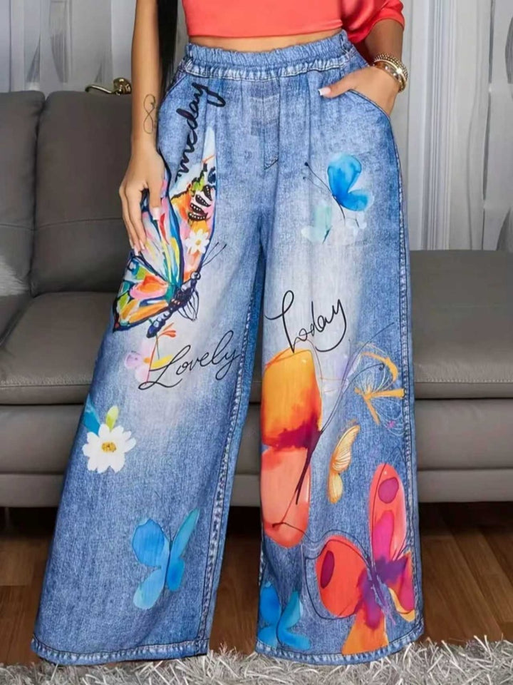Butterfly Print Wide-Leg Pants | High-Waisted Elastic Waist Casual Trousers