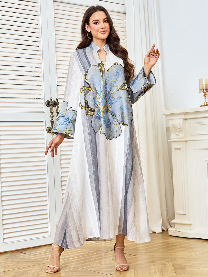 Oversized Floral Applique Striped Abaya Maxi Dress
